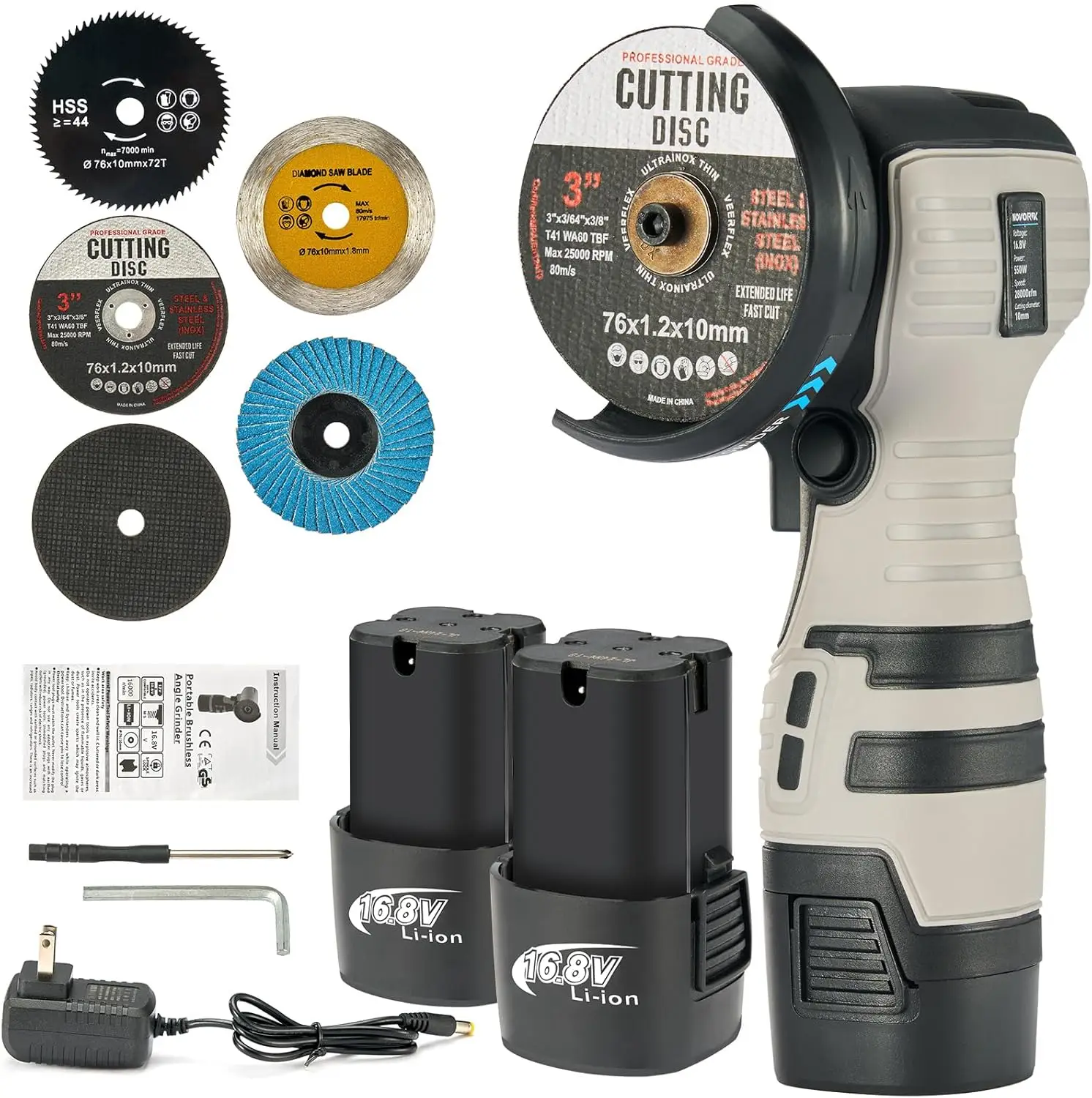 

Аккумуляторная угловая шлифовальная машина с 2 батареями и 5 дисками, 16,8 В, 2000 мАч, 28000 об/мин для дерева, металла, камня, бетона