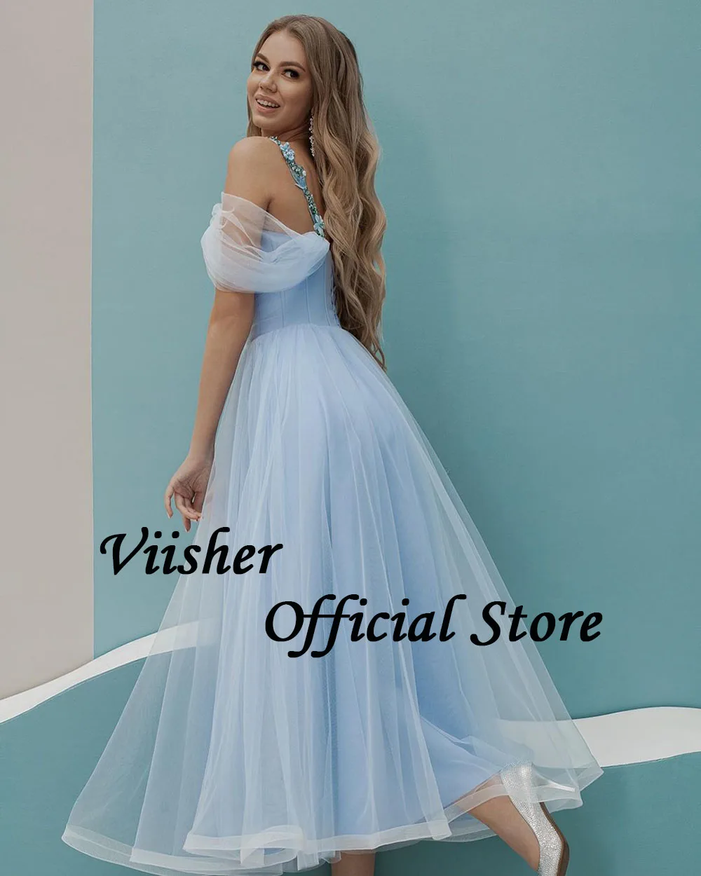 Viisher Baby Blue Tulle Off Shoulder Prom Dresses Flower Appliques A Line Sweetheart Evening Party Dress Tea Length Formal Gown