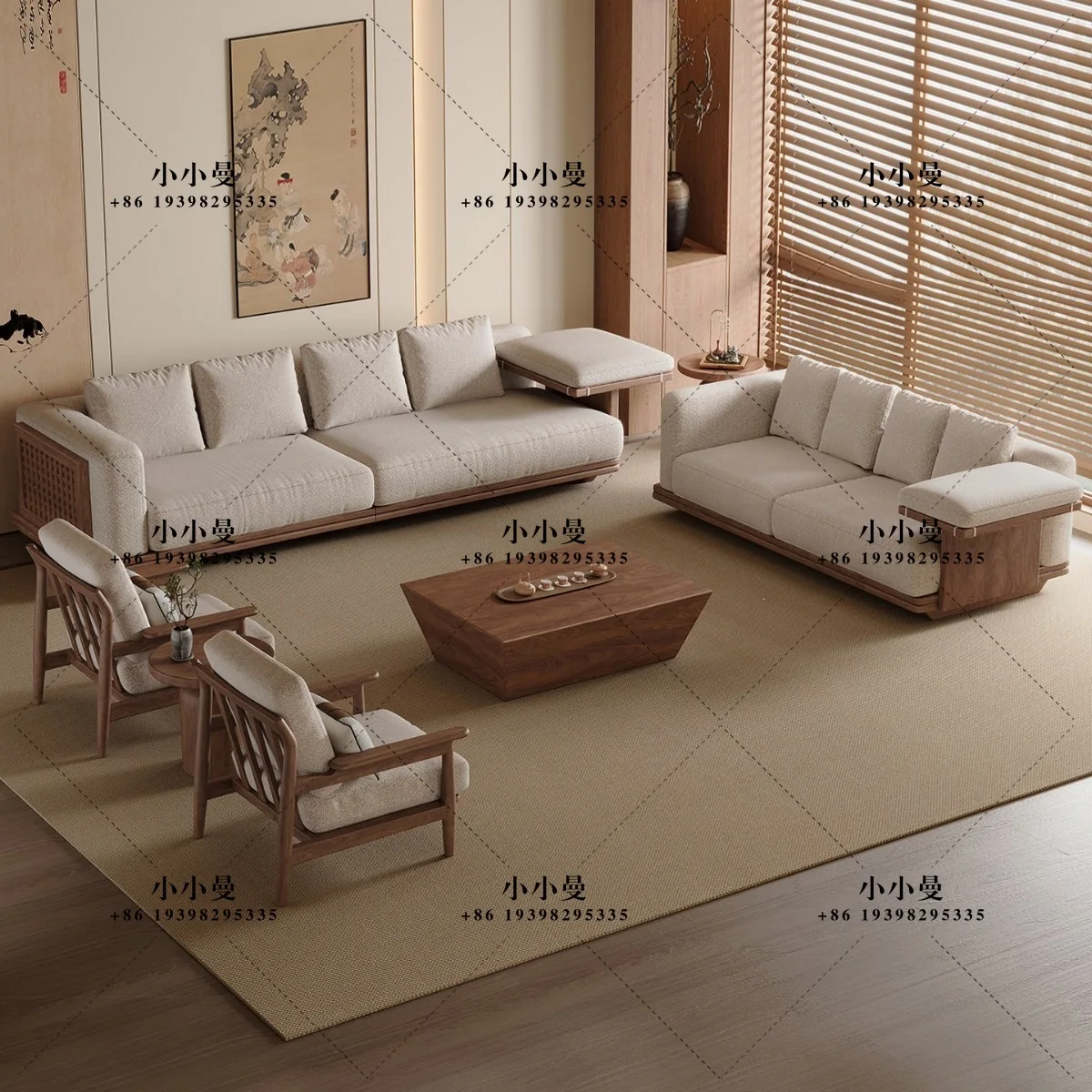 Song's aesthetic Italian minimalist black walnut solid wood cotton and linen fabric leisure chair combination