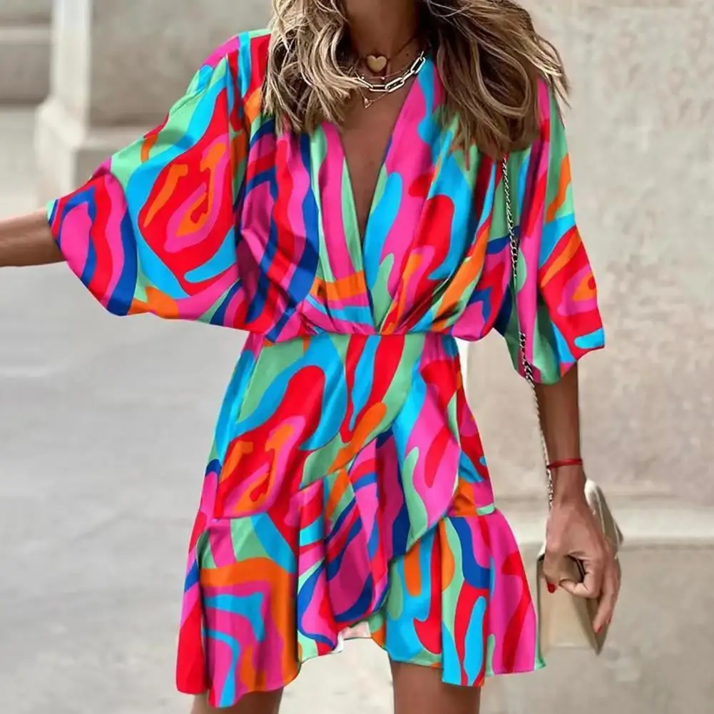 

Vacation Dress Colorful Print V Neck Summer Dress with Irregular Hem Ruffle Detail Women's High Waist Mini Dress for Party Beach