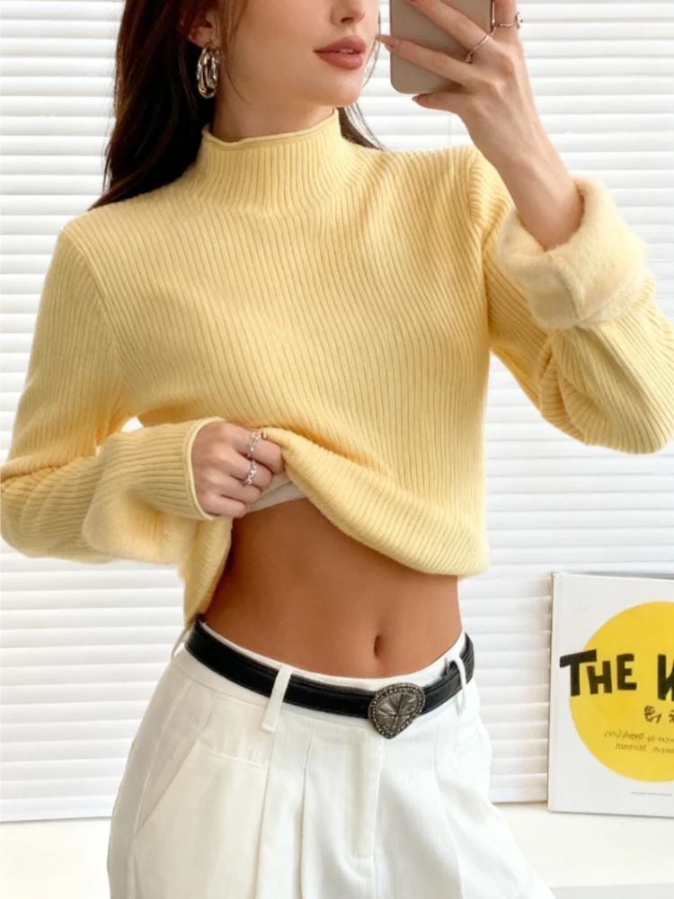 

Новый зимний женский свитер, осенний элегантный однотонный вязаный топ, толстый бархатный мягкий свитер, повседневный полувысокий воротник с длинным рукавом