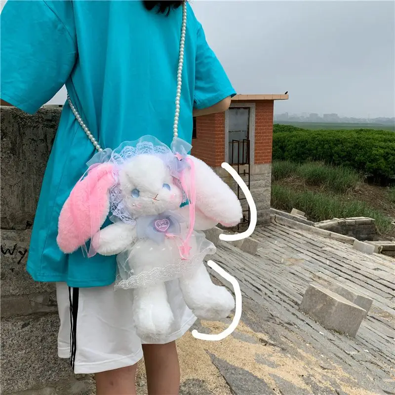 JK Bow Rabbit Doll Crossbody Bags Kawaii Lolita Plush Toy Bags Teenage Girls Patchwork Lace Cute Long Ears Bunny Bag сумки