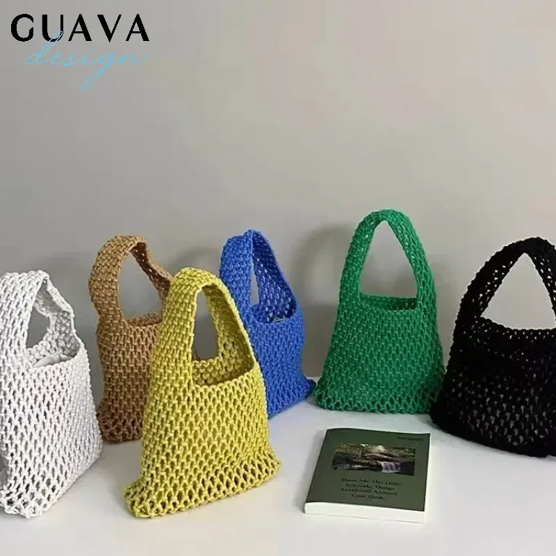 

Women Crochet Tote Bag Hollow Beach Bag Small Capacity Fashion Knitted Bag Solid Color Simple Shopping Bag for Travel Vacation