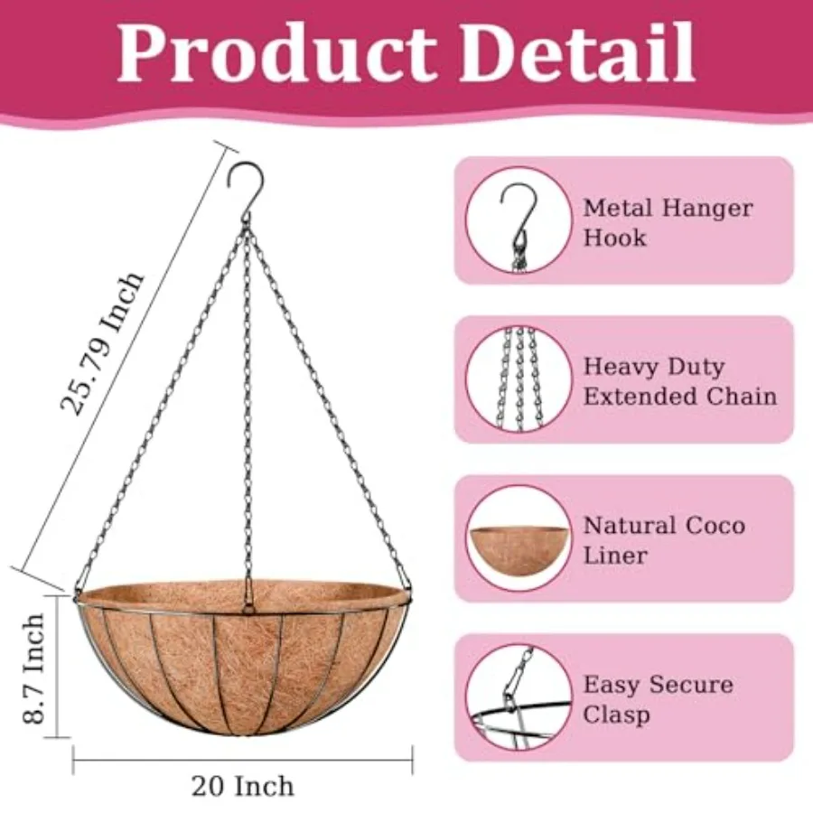 Outdoor hanging planters: 20-inch metal round baskets with coco liner, black finish, weather-resistant for garden flower decor