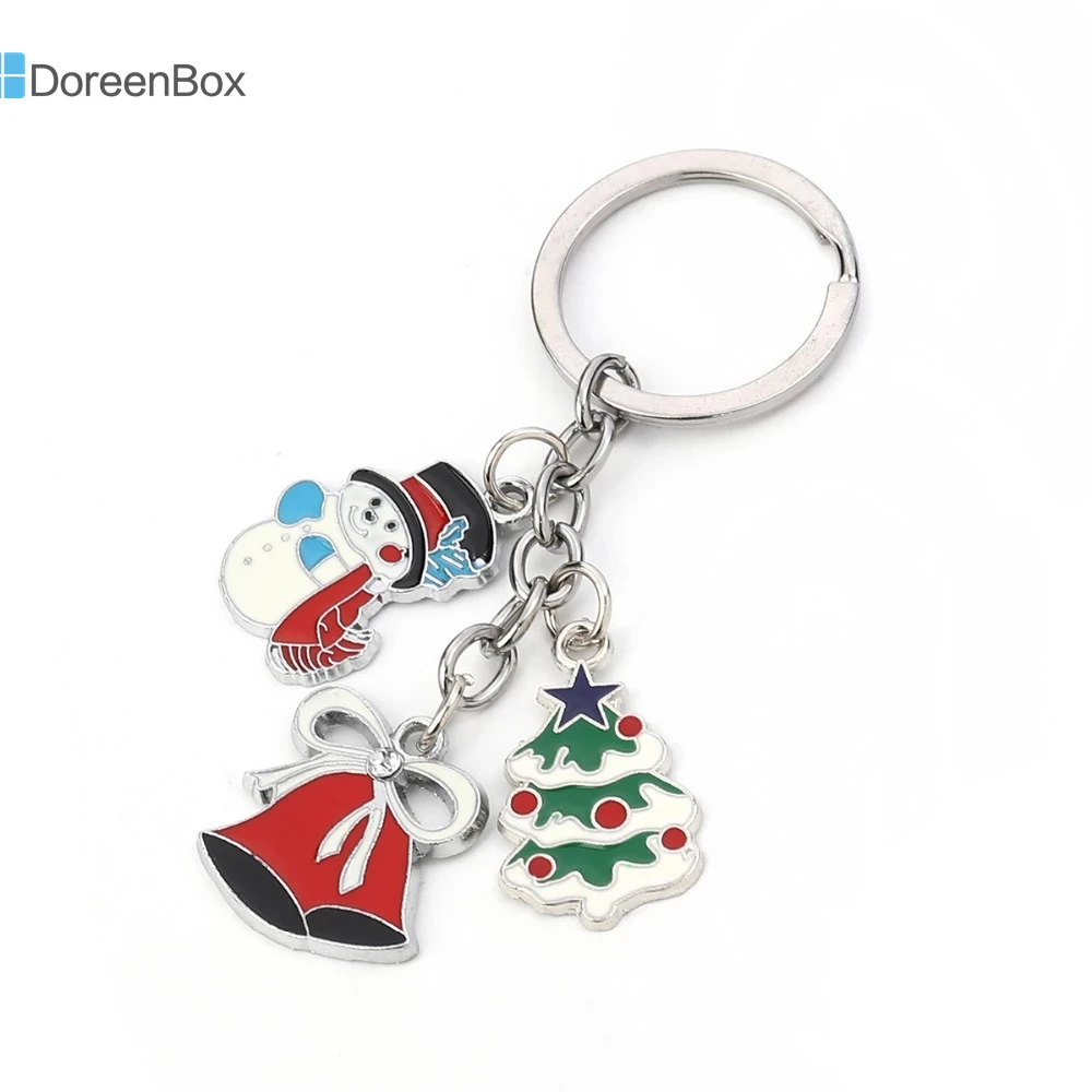 Doreen Box Keychain & Keyring Christmas Santa Claus Dull Silver Color Multicolor Green Christmas Tree Snowflake Enamel, 1 Piece