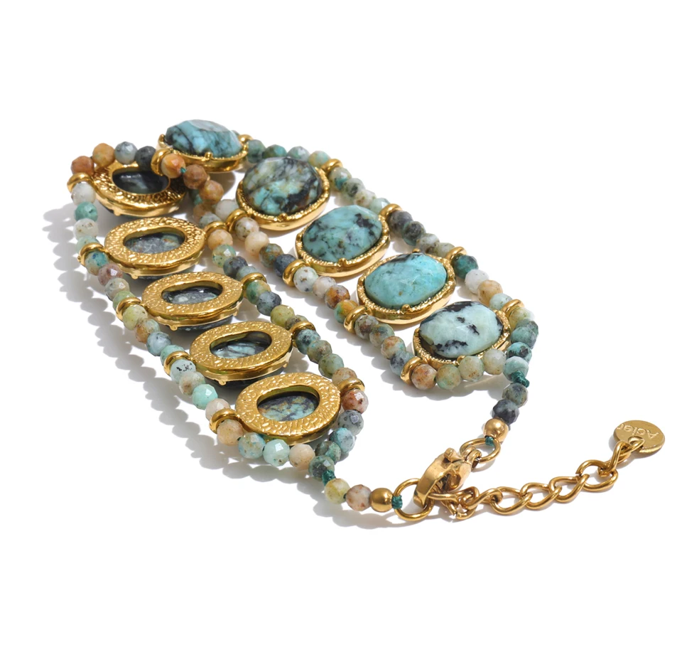 Yhpup Edelstahl-Armband mit natürlichen Türkis-Steinen, grünen Edelsteinperlen, handgefertigter Schmuck im Südwesten-Stil – Detail 3