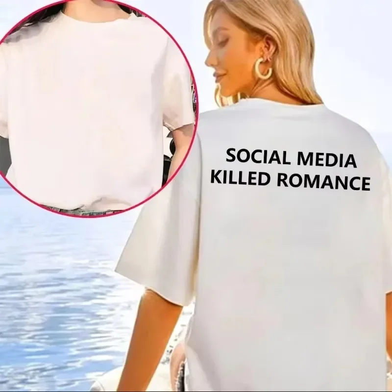 Vintage Social Media Killed Romance T-Shirt Herren/Damen Ästhetisches T-Shirt mit Buchstabendruck Unisex Hochwertige Sand-Baumwoll-T-Shirts