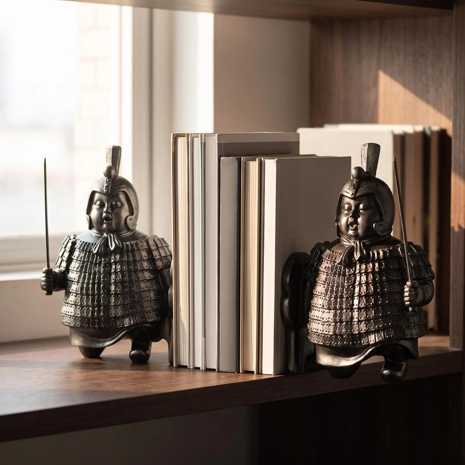 Resin Terracotta Bookend Pair for Bookcase Shelf Organizer Antique Warrior Design Bookshelf Decor for Modern Home Office