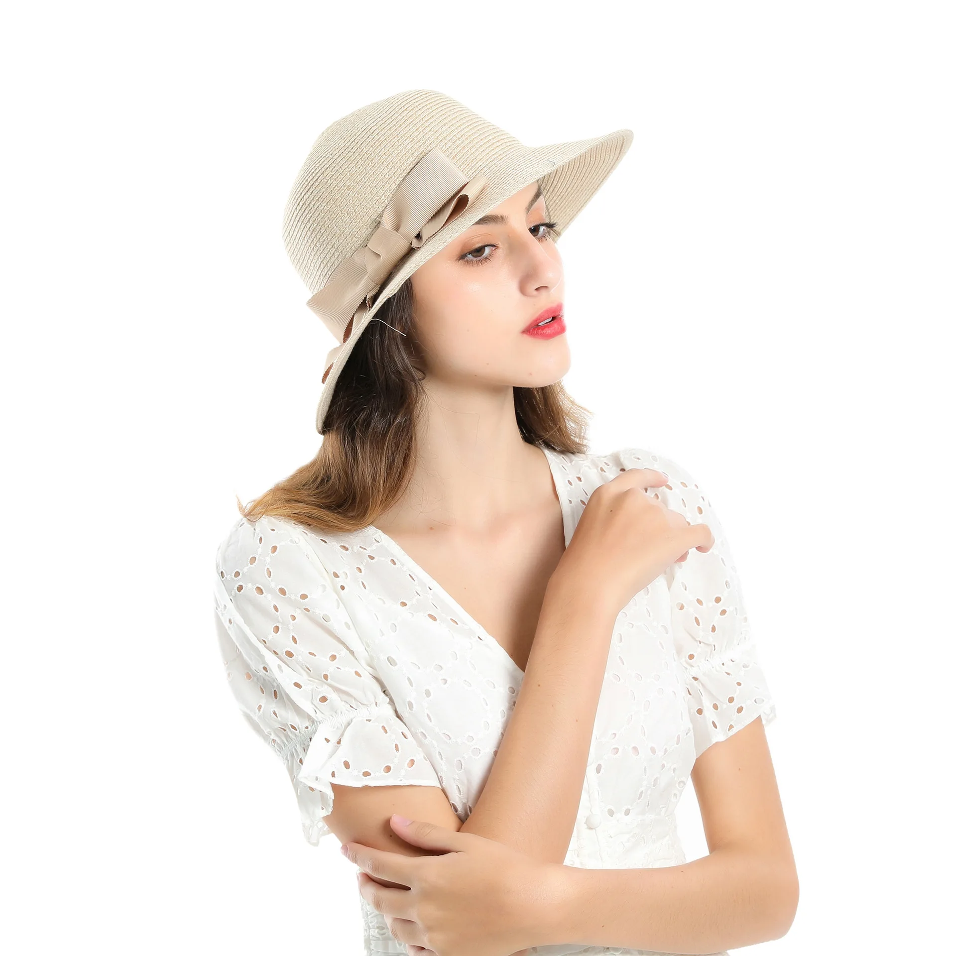 

Women Spring Summer Folding Bucket Hat for Beach Holiday Lady Solid Color Sun Protection Straw Cap Elegant Bowler with Bow Tie