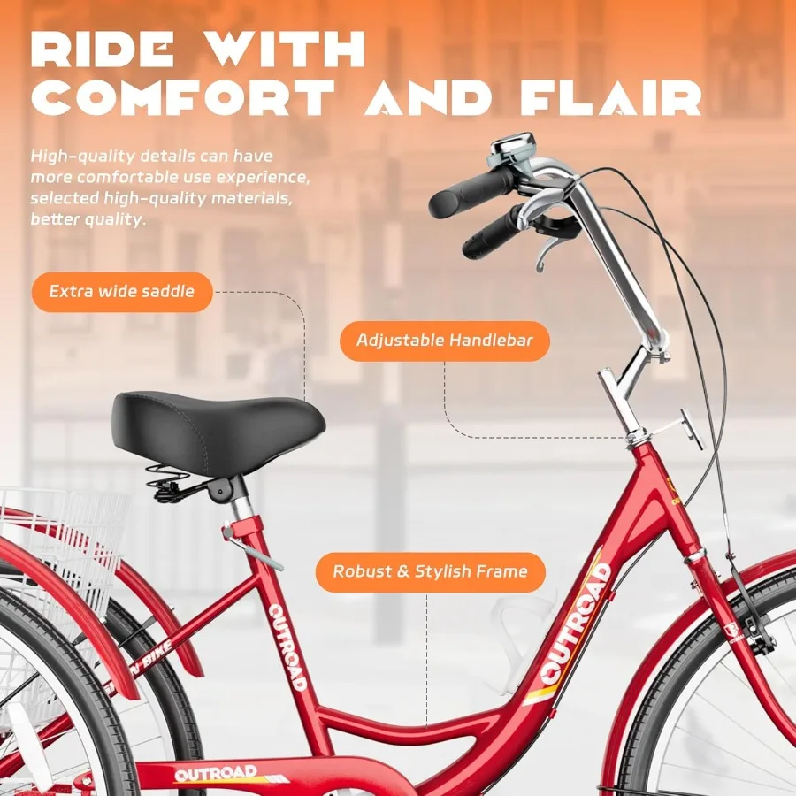 دراجة ثلاثية العجلات للكبار مع سلة كبيرة 24 26 بوصة دراجة كروز مستقرة 3 عجلات للتسوق على الشاطئ وركوب المدينة مثالية للرجال والنساء #4