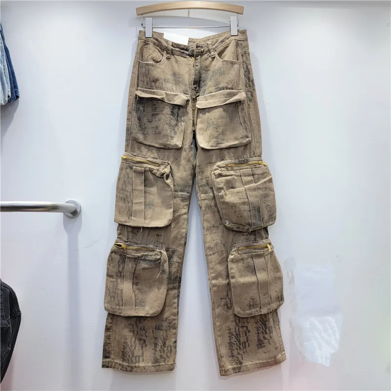 

2024 Spring Autumn New Design Sense Pocket Wide Leg Jeans Camouflage Loose Slim Working Pants Women LX185