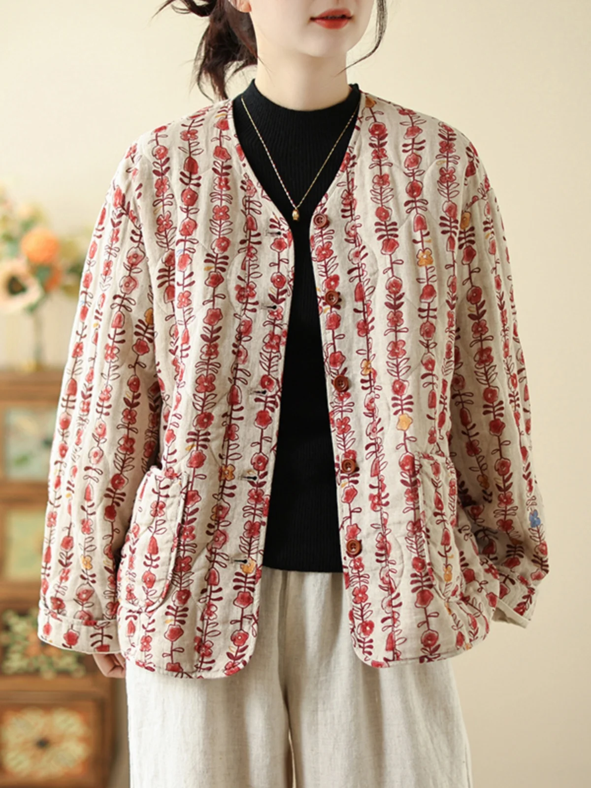 

Легкая теплая хлопковая куртка в стиле ретро с художественным принтом V-Ne, женская зимняя повседневная верхняя одежда свободного покроя, длинный све