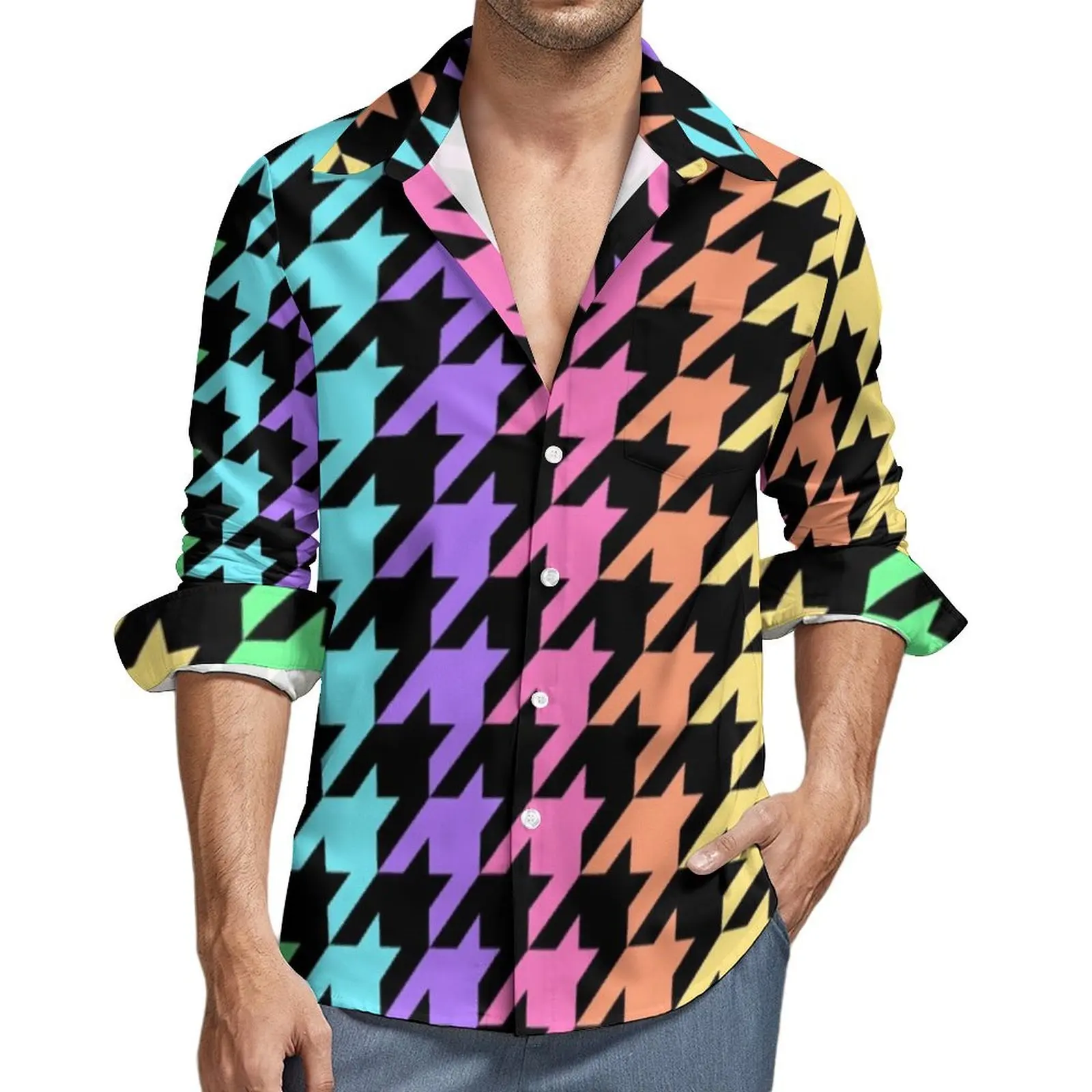 Pastel Houndstooth Shirt Spring Rainbow Print Casual Shirts Man Retro Blouses Long Sleeve Design Comfortable Clothing Plus Size