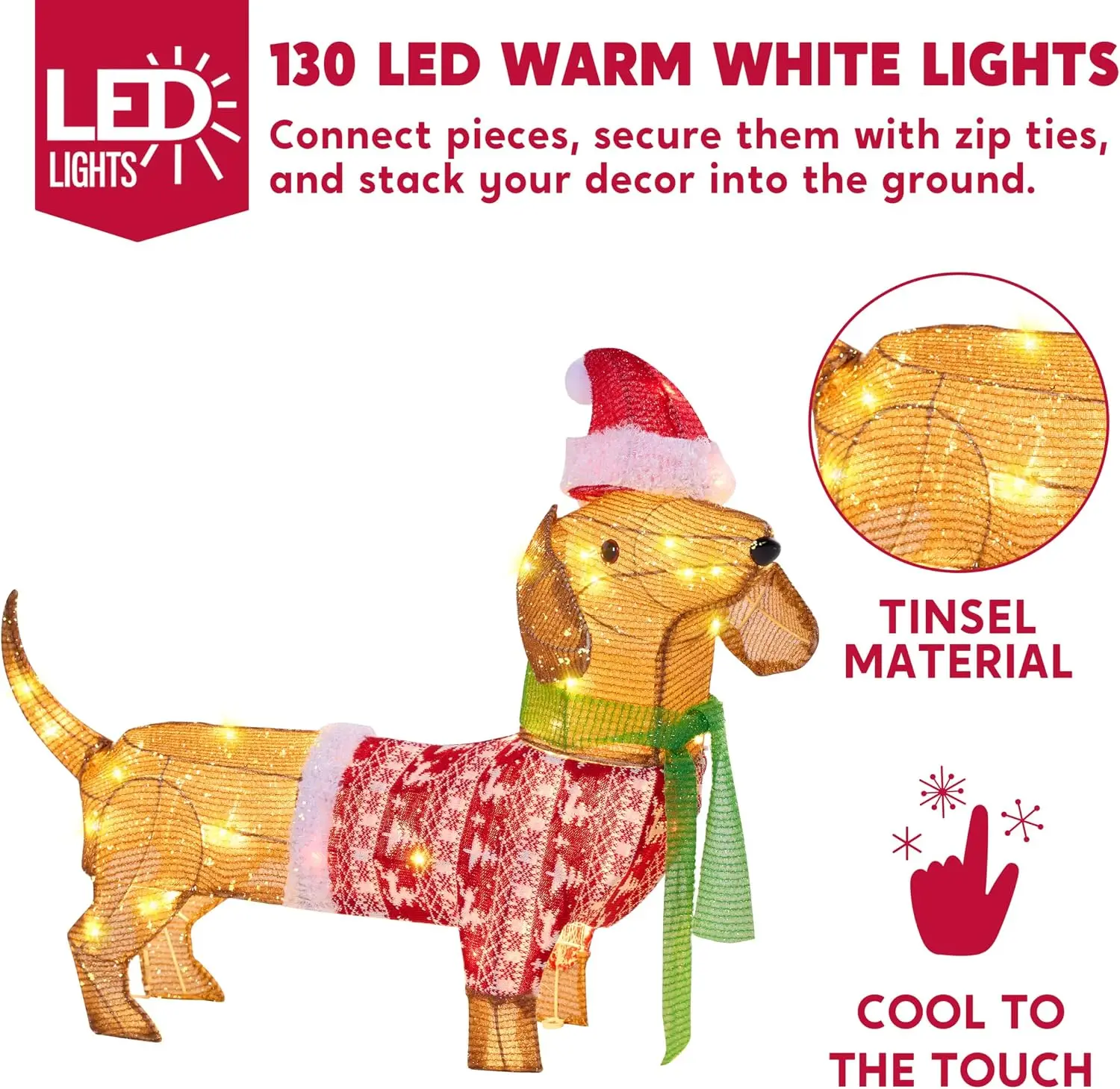 Lighted Wiener Dog Christmas Decorations Outdoor 40 LEDs Warm White Tinsel Dachshund Lights for Christmas Yard Decor Light Up Xmas Lawn Ornaments with Metal Stakes for Outside Porch Garden 4