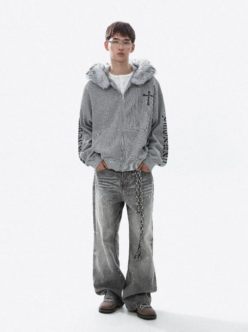 American Style Y2K Subculture Gothic Embroidered Fur Collar Cardigan Sweatshirt Youth Trendy Hooded Winter Coat Couple Matching