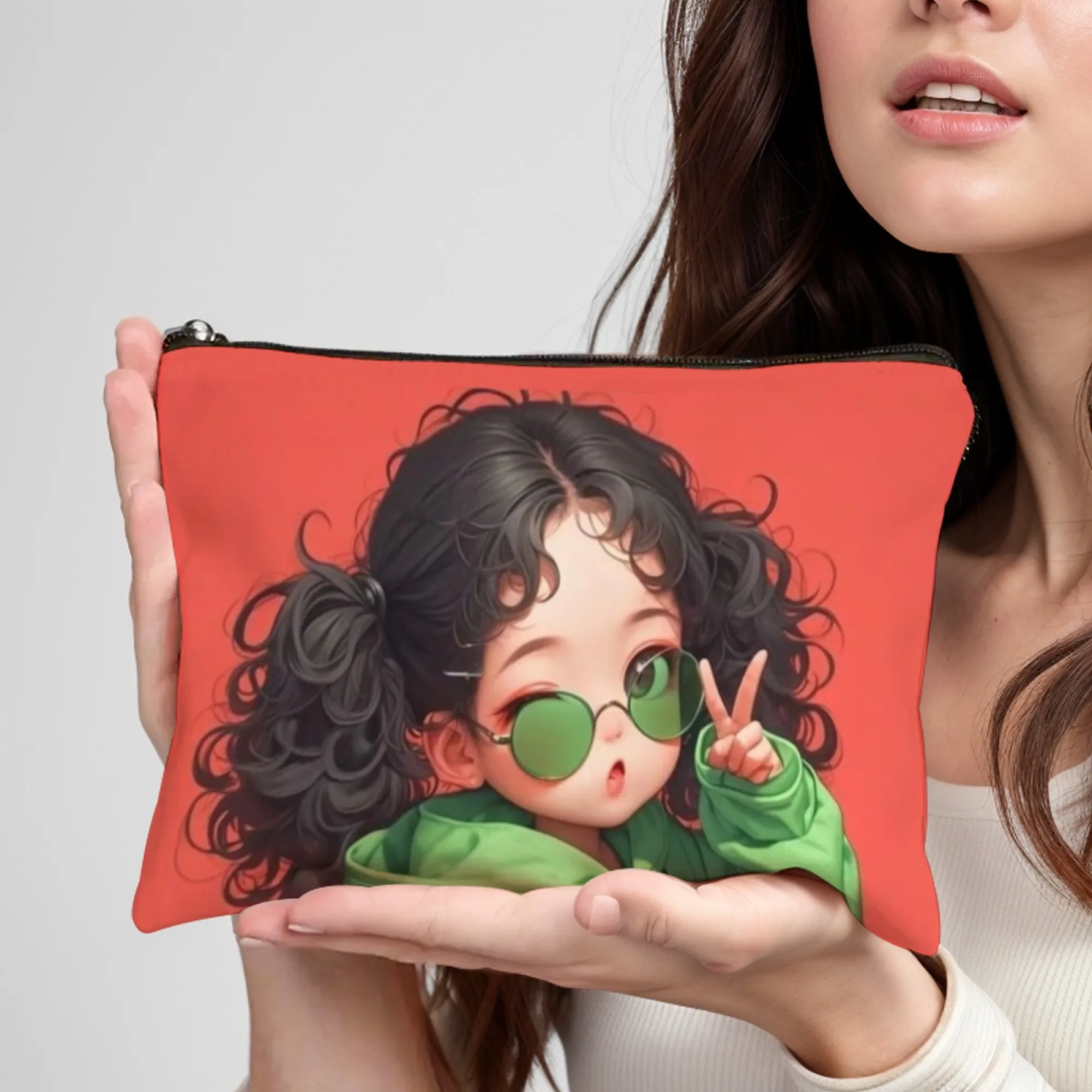 

Curly-haired girl makeup bag lightweight portable cosmetic case with zipper closure perfect for Christmas Gifts travel organizer