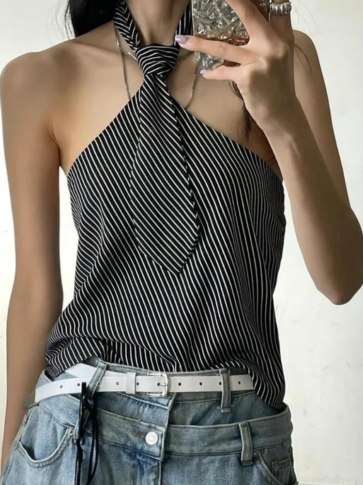 Stripped Print Halter Top Women Edgy Clothes Y2k Accessories Neck-mounted Camison Verano Backless Ropa De Mujer Summer Outfits