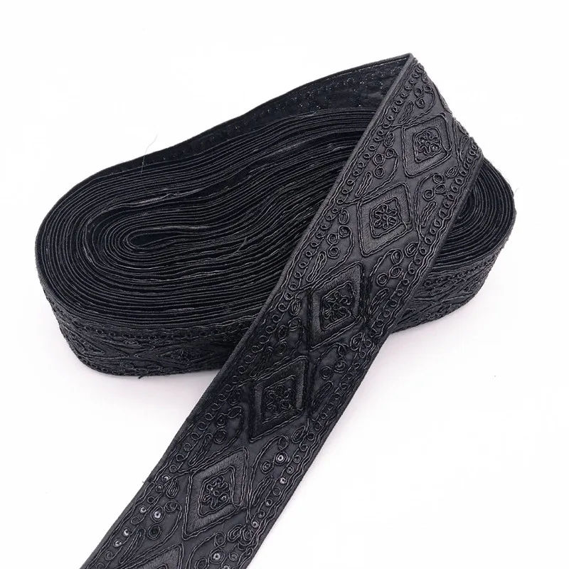 Black Lace Trim Ribbon Ethnic Clothing Embroidery Sequin Fabric Webbing Garment Accessories 1Yards