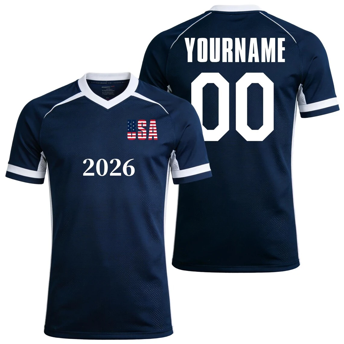 Maillot de football personnalisé USA 2026 avec nom et numéro pour hommes et femmes, t-shirt de football en polyester à séchage rapide, tee-shirt drapeau américain pour l'entraînement sportif