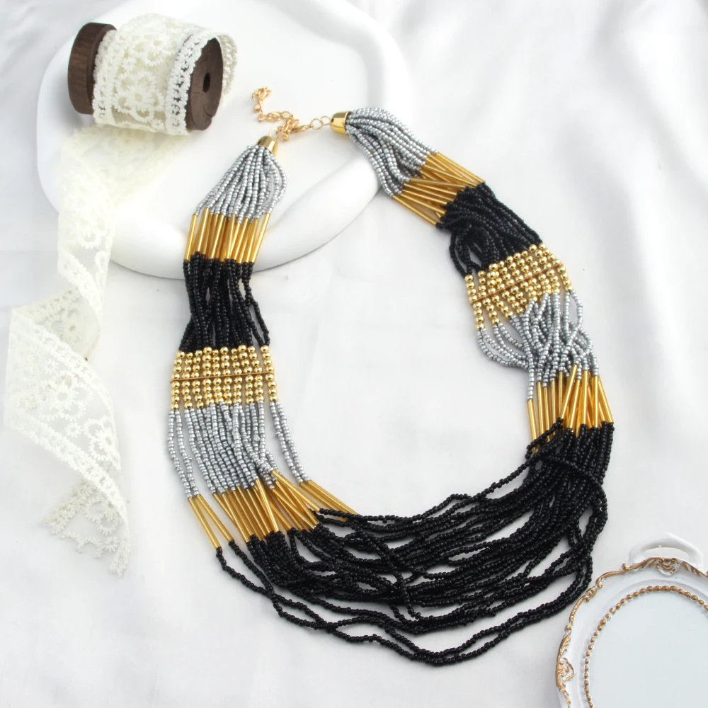 البوهيمي العرقية اليدوية متعدد الطبقات الزجاج الأرز عقد من اللؤلؤ مزيج اللون متعدد حبلا بيان قلادة البذور الخرز قلادة #3