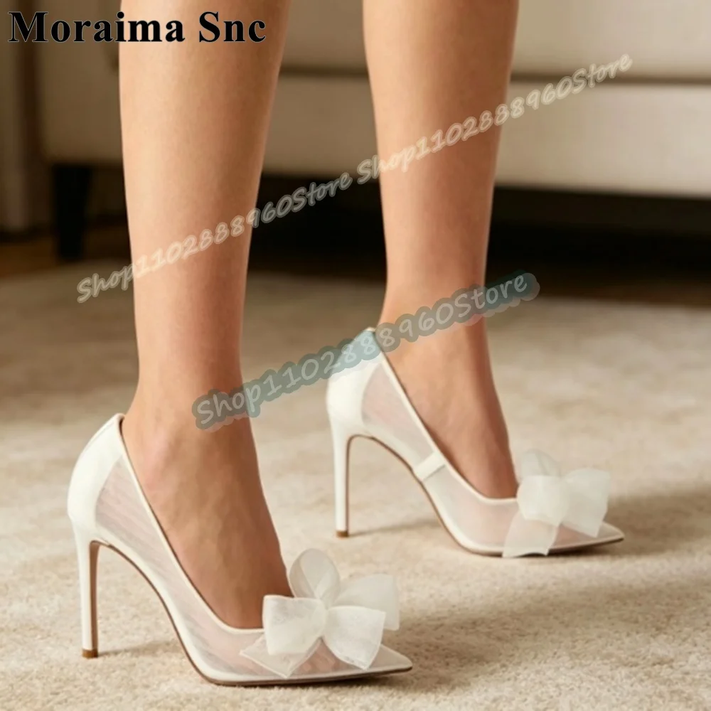 

Elegant White Air Mesh Splicing Bowknot Pumps Thin High Heel Shoes For Women Slip On Pointed Toe 2026 Fashion Zapatos Para Mujer