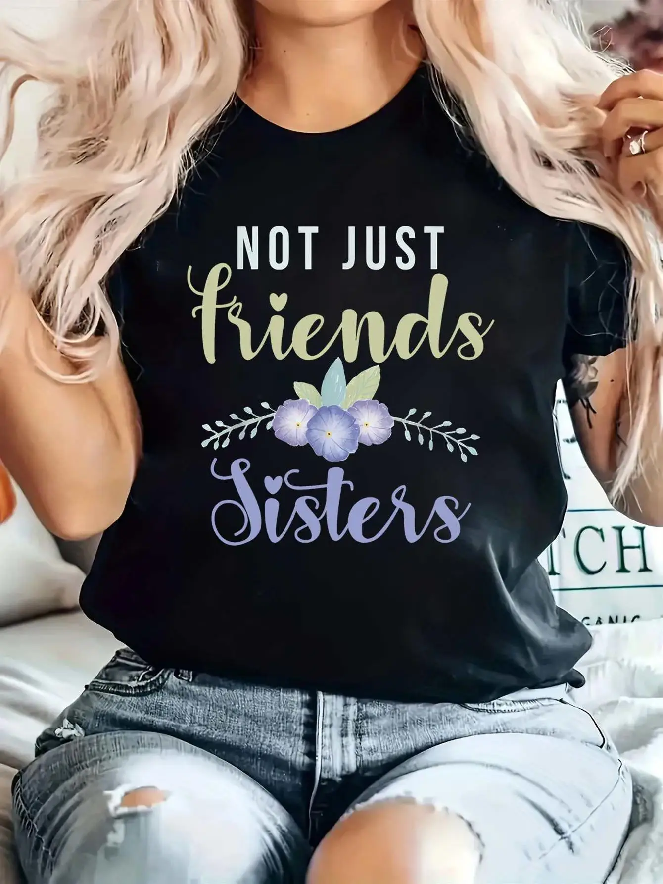 Camiseta con estampado Sisterly Bond para mujer, camiseta ajustada de manga corta con cuello redondo y diseños de hermanas y familia, top informal cómodo para primavera y verano, conjuntos a juego para hermanas, ropa informal lavable a máquina