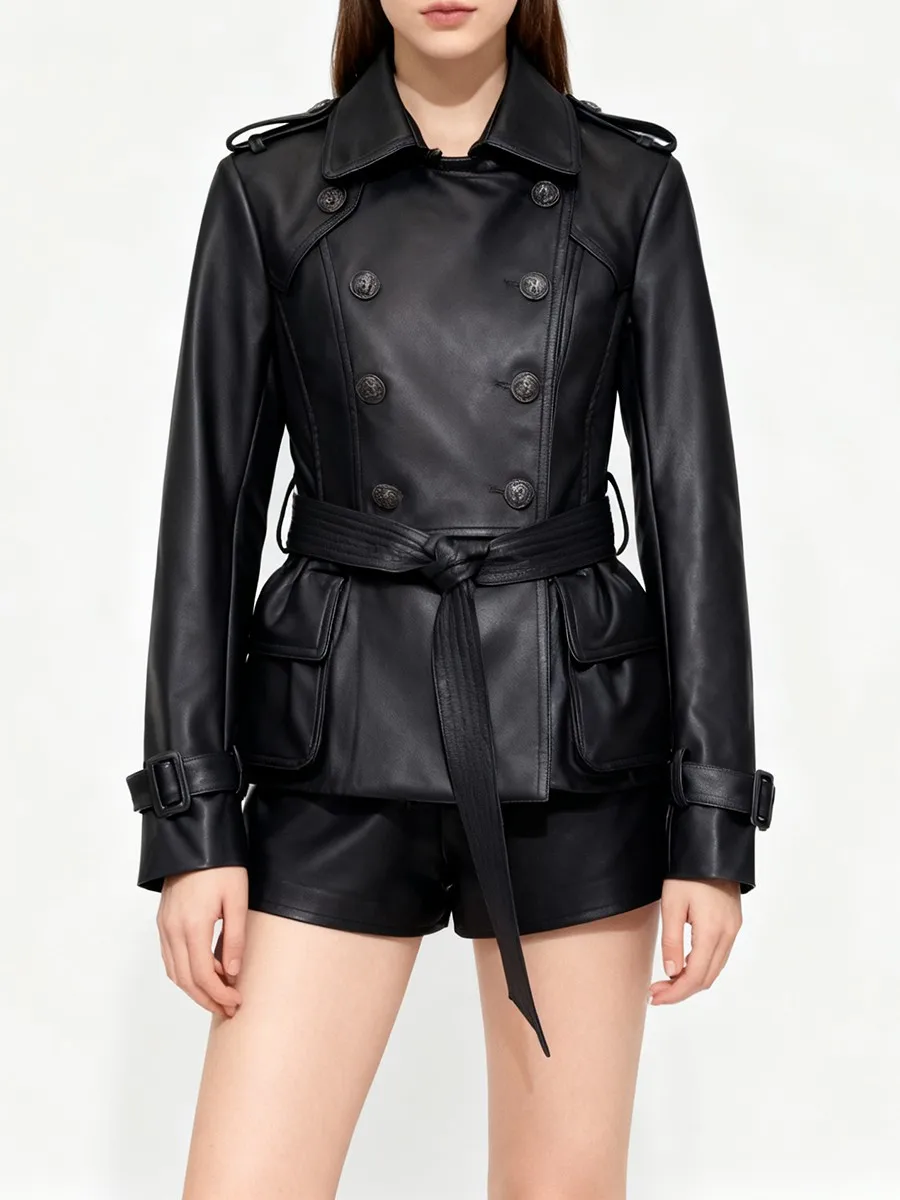 TWOTWINSTYLE Solid Slimming Spliced Lace Up Basics Trenchs for Women Lapel Long Sleeves Patchwork Pocket Leather Trench Female