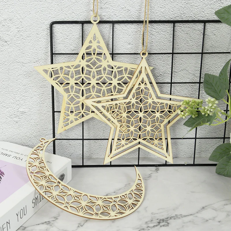 

3Pcs/lot Eid Mubarak Decor Wooden Moon Star Pendants Islam Muslim Party Supplies Wall Hanging Ornament Eid Al Fitr Wooden Craft