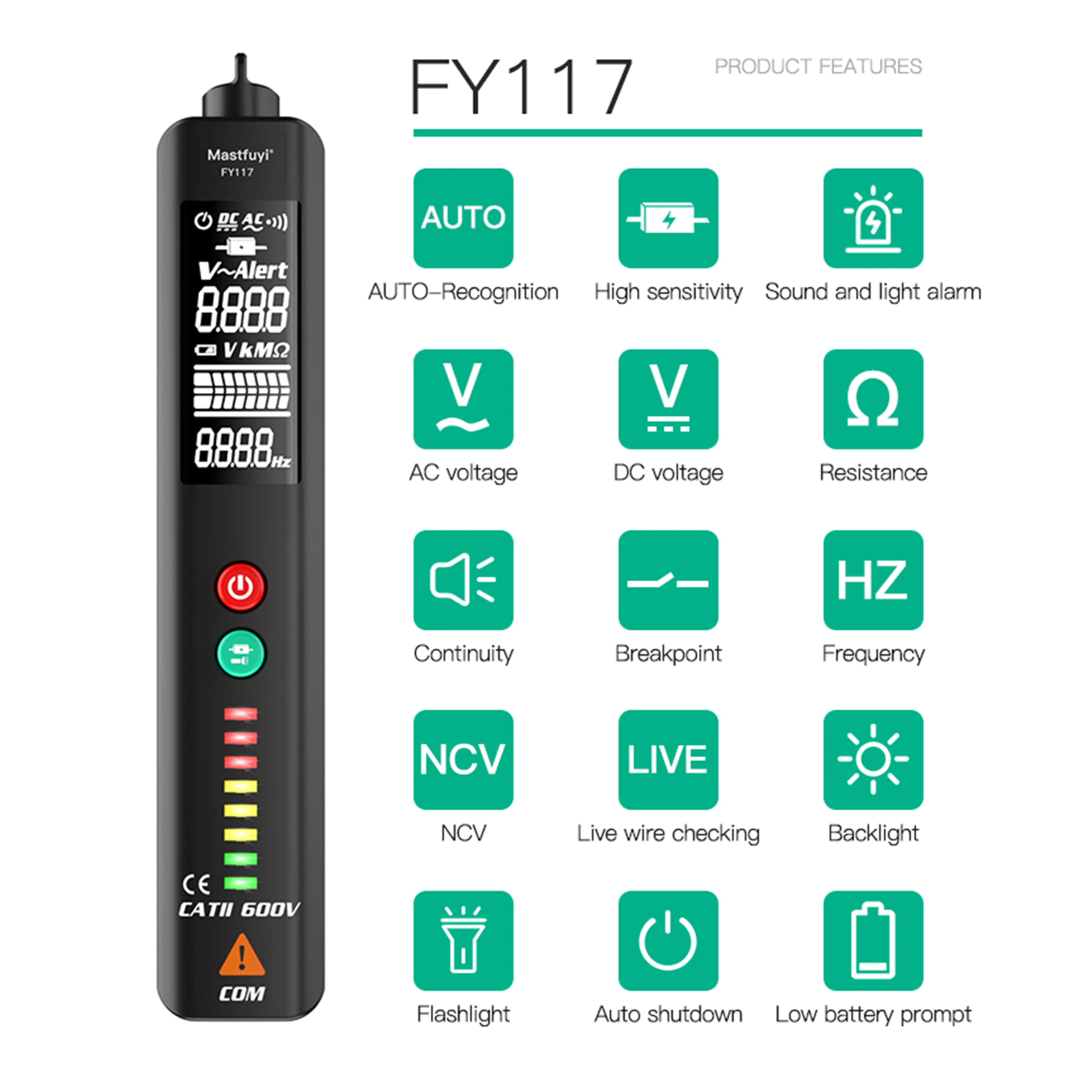 MASTFUYI FY117 Pen Type Digital Multimeter Ohm Frequency Auto Intelligent Electrical AC/DC Voltage Tester High Sensitivity