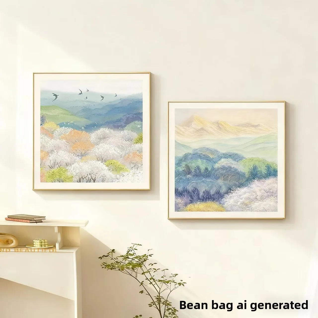 Springtime Floral Sea Therapeutic Framed Hand-painted Oil Painting Sunrise Golden Mountains High-end Two-piece Living Room