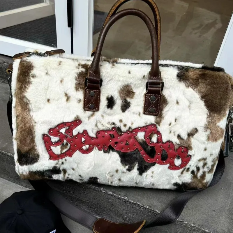 

Women Soft Plush Hand Bag New Winter Leopard Cow Print Tote Bags Female Pu Leather Underarm Bags Furry Fluffy Shoulder Bag