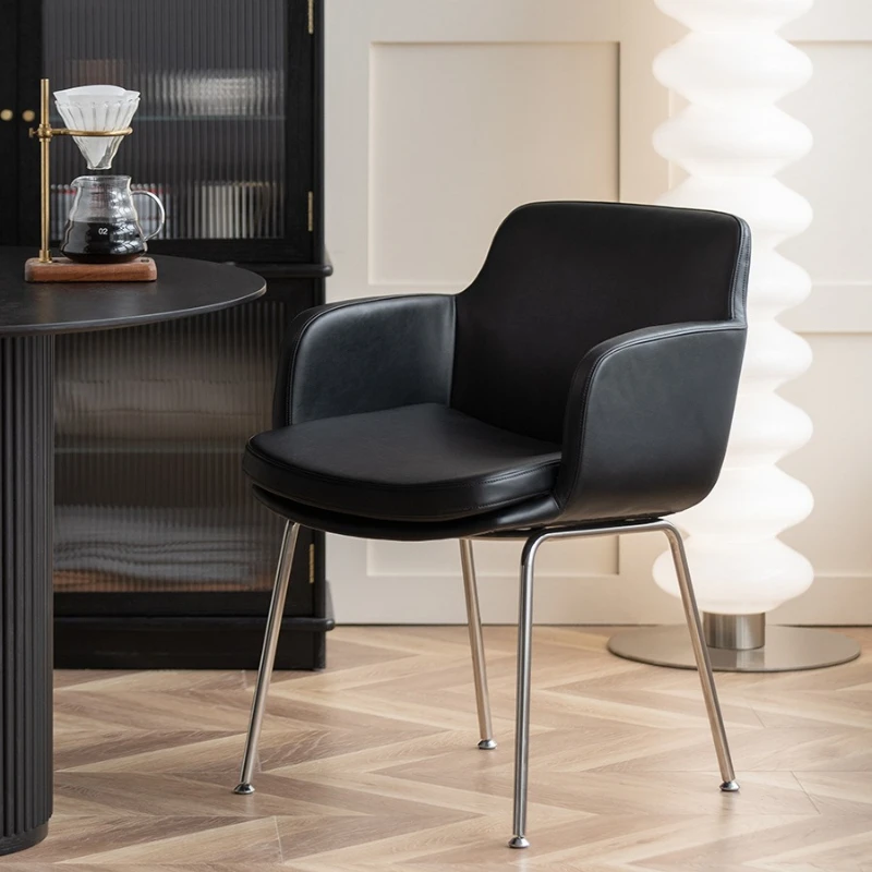 Stainless steel dining chair retro leather armrest chair single casual sofa chair
