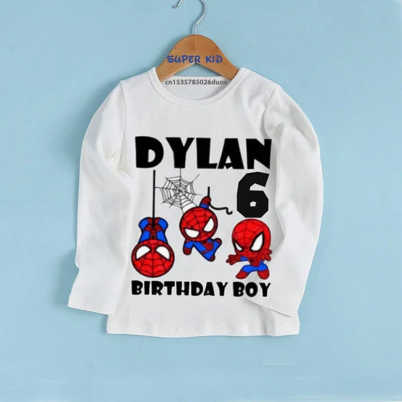 Spring and Autumn MARVEL Spider-Man Birthday Kid Shirt 2 3 4 5 6 7 8 9 Spidey Personalize Name Birthday Boy Long Sleeve T-shirt