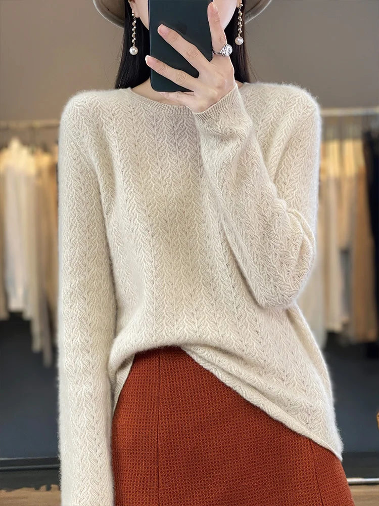 

CHICUU Women Cashmere Sweater O-neck Hollow Out Pullover 100% Merino Wool Knitwear Autumn Winter Basic Soft Female Clothing Tops