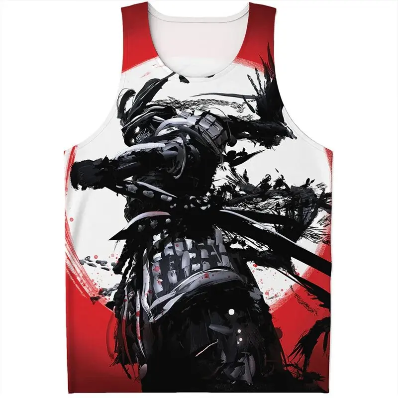 Summer Japanese Samurai Mask 3D Print Tank Tops Men's Streetwear Oversized Fitness Gym Vest Beach Sleeveless Tops Man Clothing