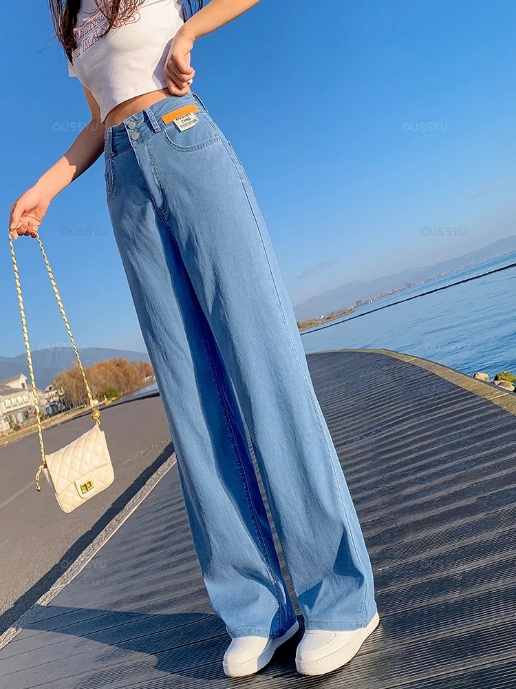 Brand Clothing Summer Soft Natural Lyocell Fabric Women\'s Jeans Thin Baggy Straight Denim Pants High Waist Casual Trouser Female