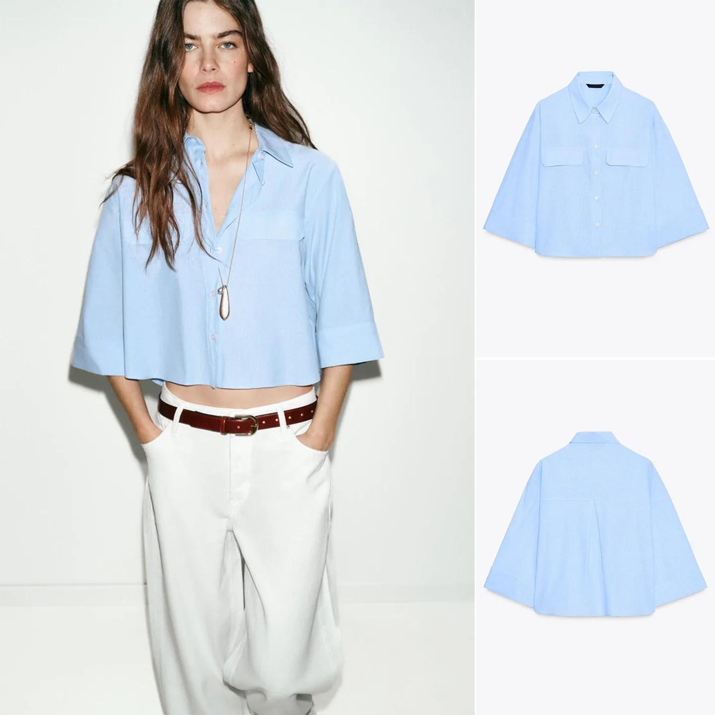 

Spring New Women's Casual Loose Short Sleeve Collared Striped Hidden Button Shirt Polyester Fiber Short Length Fashion Ladies...