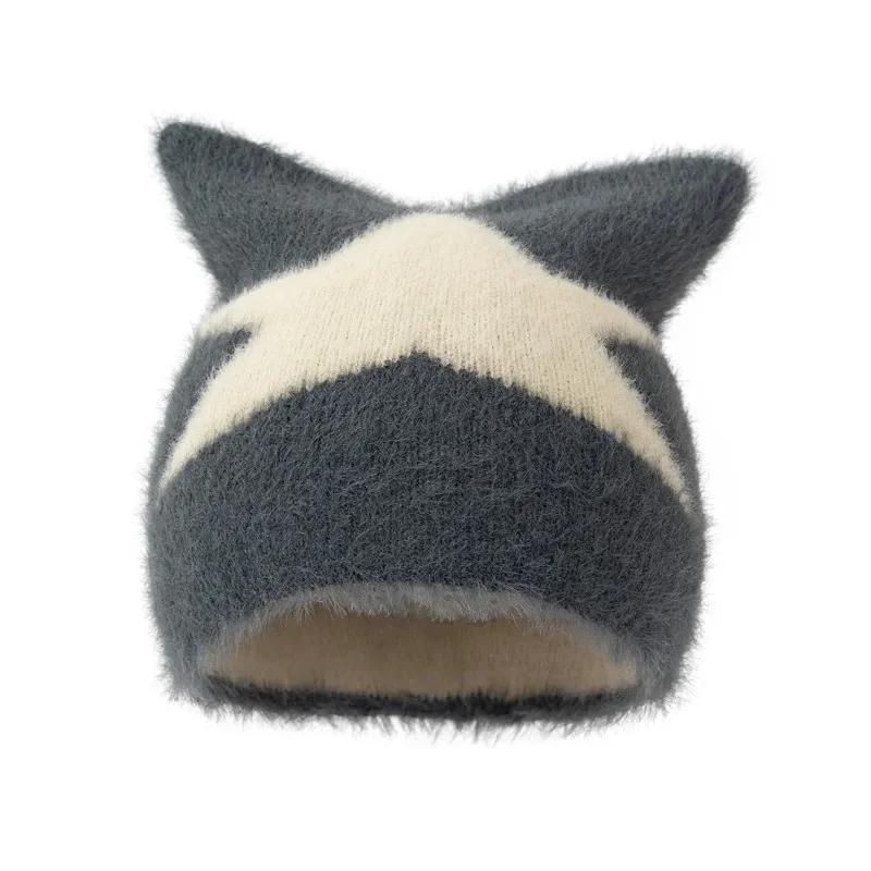 Newest Y2k Cat Ears Star Beanies Hat for Men Winter Warm Knitted Bonnet Cap Hip Hop Fuzzy Personality Skullies Caps Boys Gifts