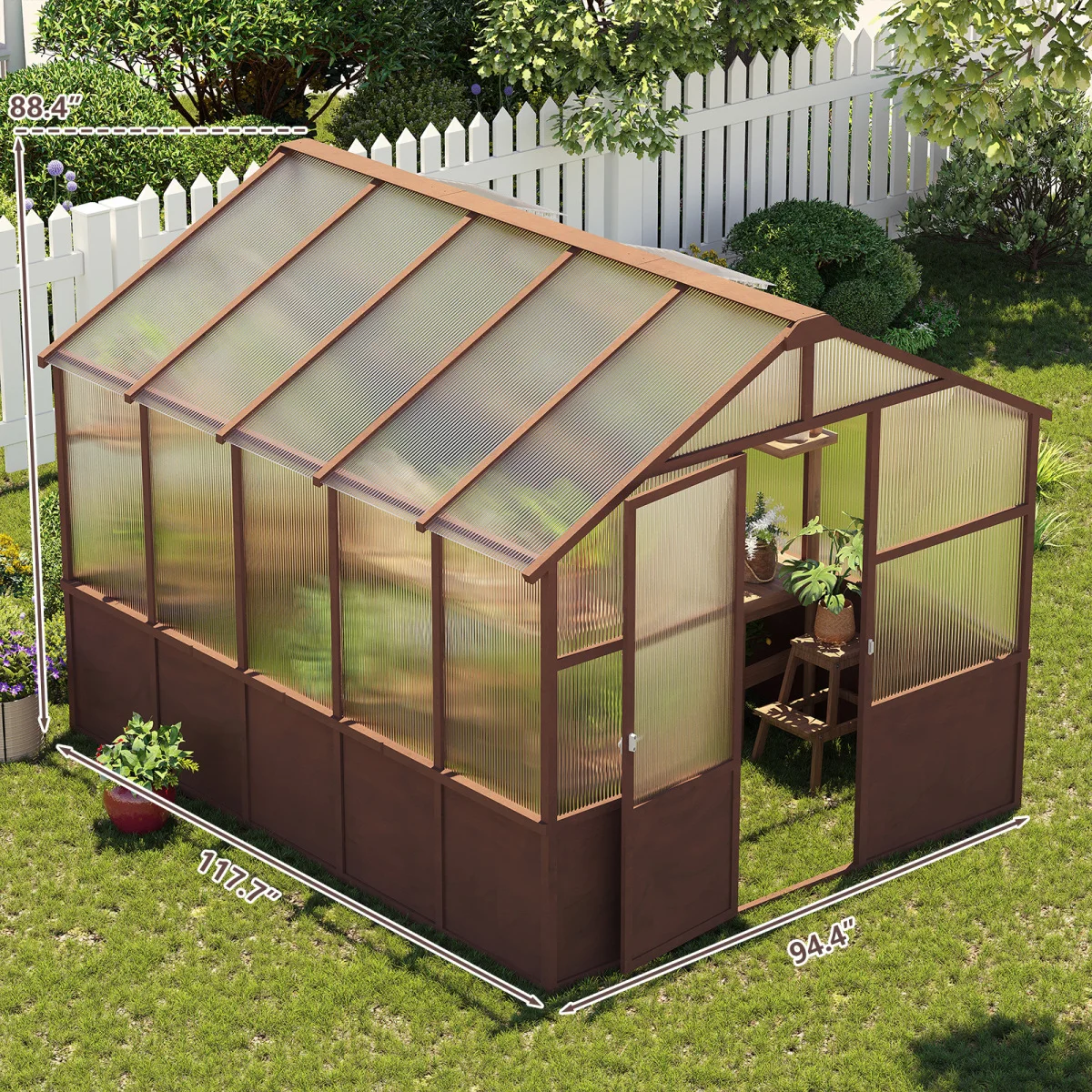 8x10 FT Greenhouse Kit, Wood Greenhouses with 6MM Polycarbonate Panel, Green House with Adjustable Vent & Lockable Door, Walk-in Greenhouse for Outside, Garden, Backyard   WL