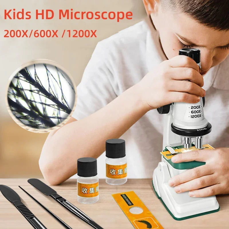 200X/600X/1200X Microscope Kit Children Lab Science Microscopio HD Eyepiece with LED Light  for Kids Education Experiments Tools