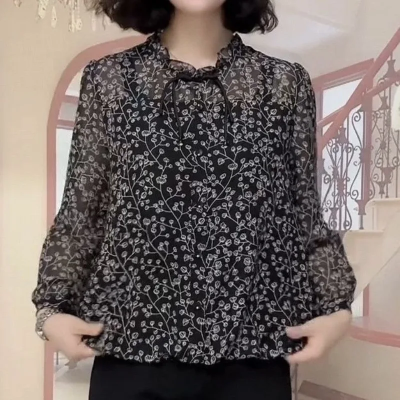 

Printed Pullover Chiffon Shirt Spring and Autumn New Fashion Style Age-reducing Shirt Temperament Top