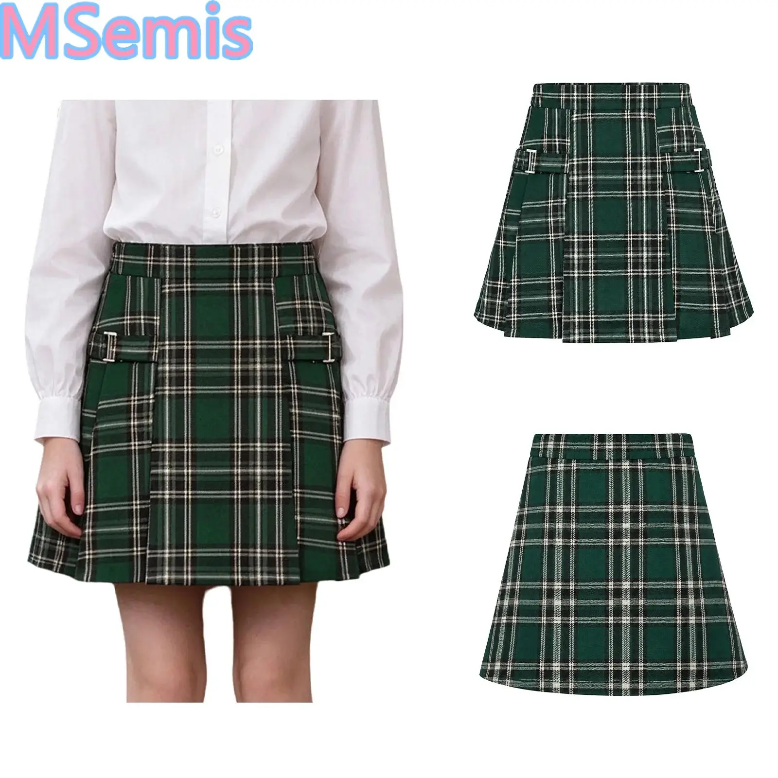 Kids Girls Preppy Style School Uniform Plaid Skirts Zipper Pockets Pleated Skirt for Recitation Performance Party Outdoor Play