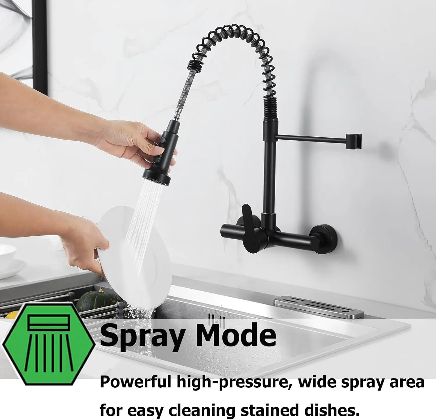 صنابير المطبخ المثبتة على الحائط، صنبور المطبخ المثبت على الحائط مقاس 8 بوصة مع بخاخ، أسود غير لامع #2