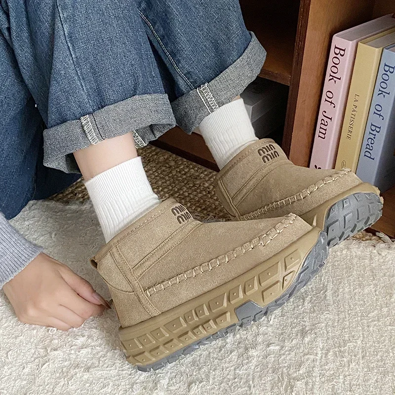 Women Winter New Simple Solid Color Shallow Slip-on Nude Boots2024fashion Cow Suede Designer Outdoor Non-slip Women's Snow Boots