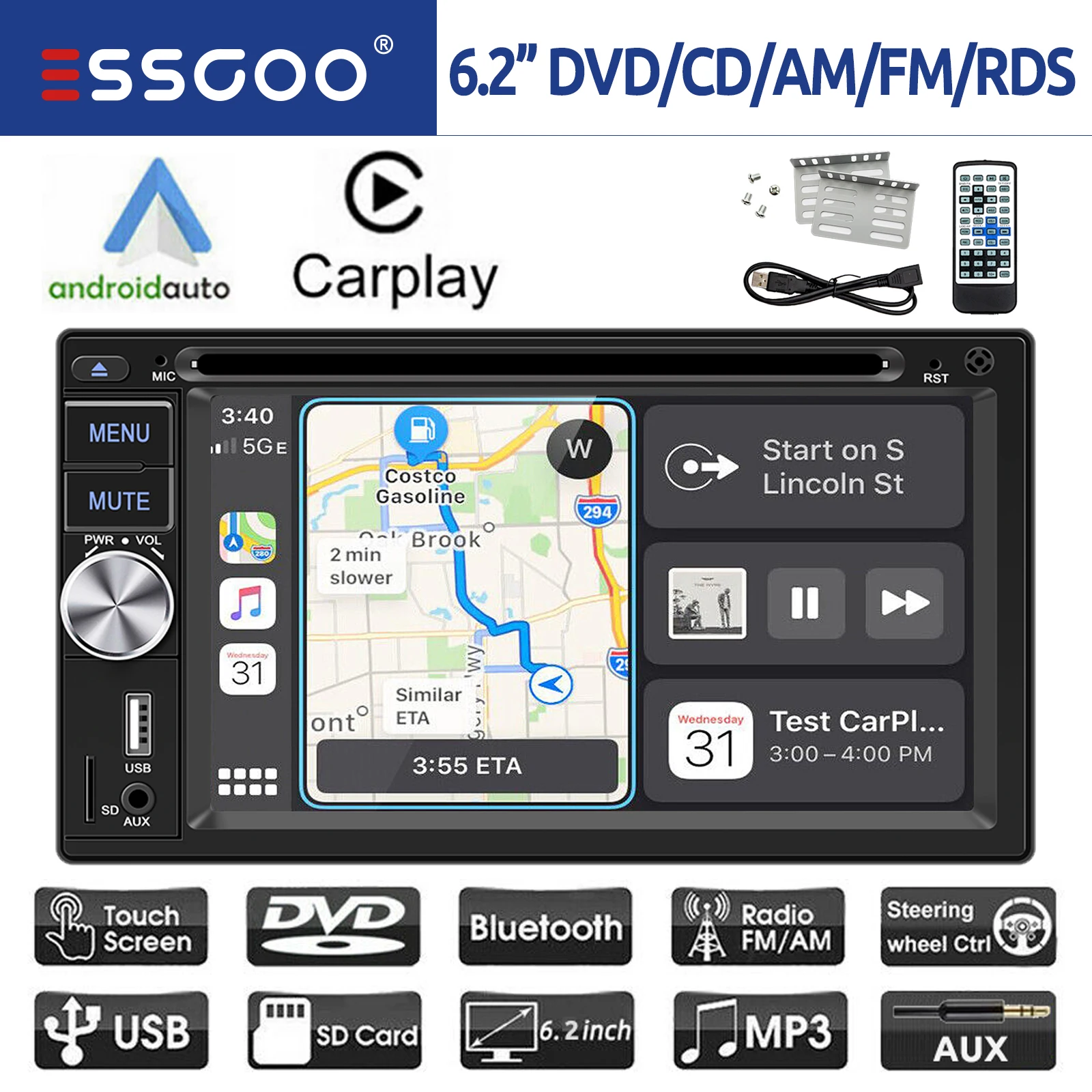 ESSGOO 6.2 Inch Apple Carplay Android Auto Double 2 DIN Car Stereo Radio CD DVD Player AUX FM Bluetooth USB MP5 Mirror Link