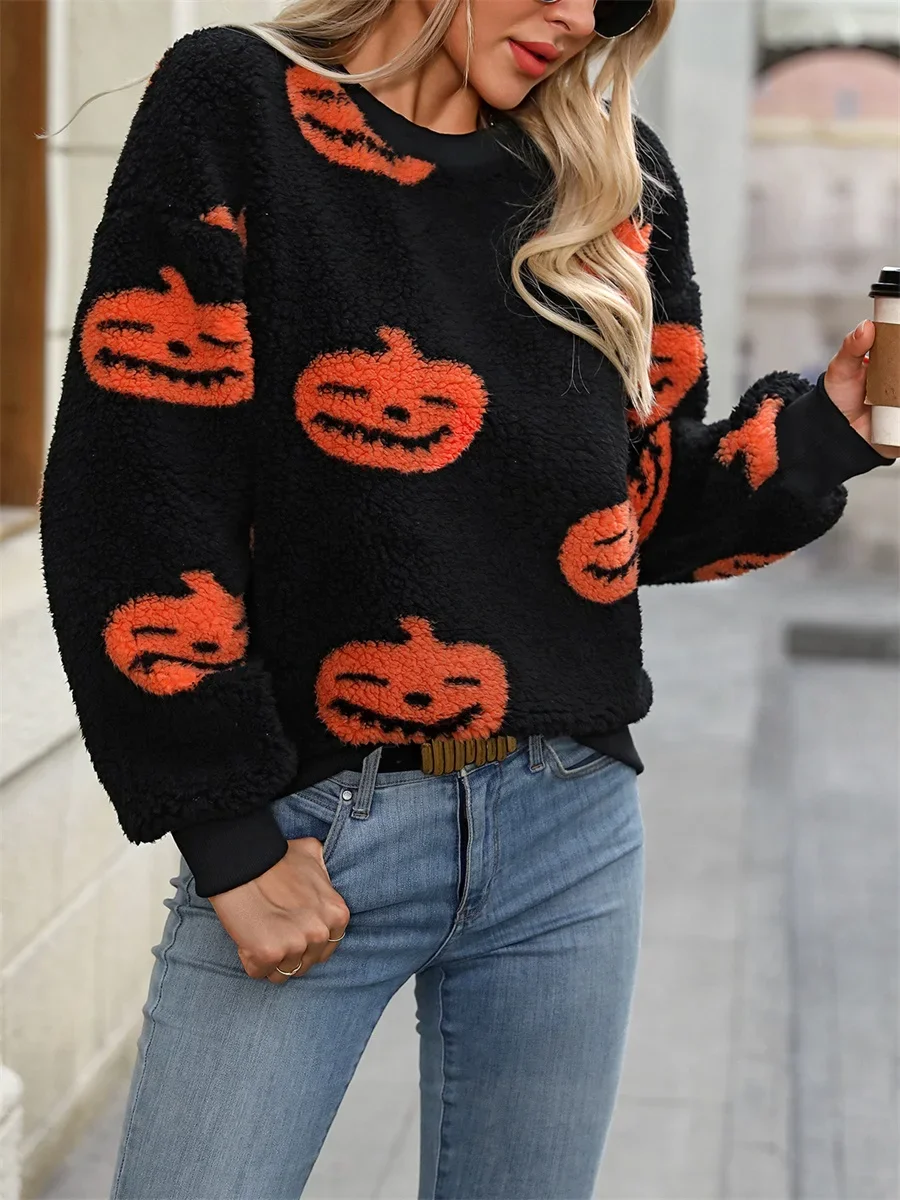 Women's Halloween Fuzzy Sweatshirt Contrast Color Pumpkin/Football Patterned Drop Shoulder Long Sleeve Tops