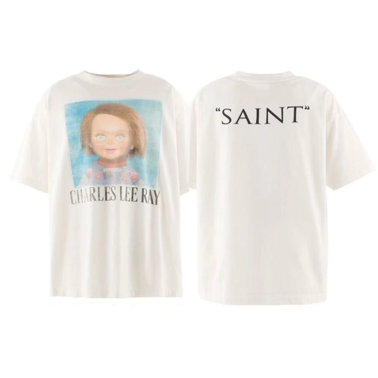 White SAINT Horror Doll Print T Shirt Men Women High Quality 26ss Tee Tops T-Shirt