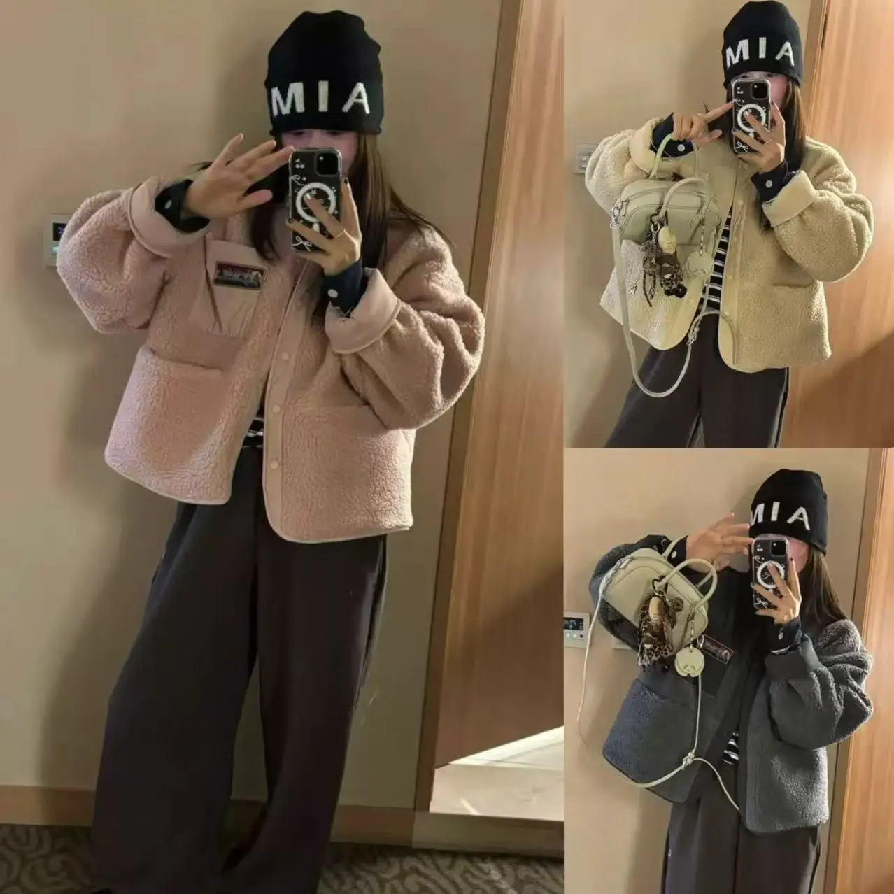 

AP Studio Double-Sided Wear Lamb Fur ort Lightweight Warm Jaet Casual Loose Fit Ladies Coat Reduces Age Long Sve Butto...