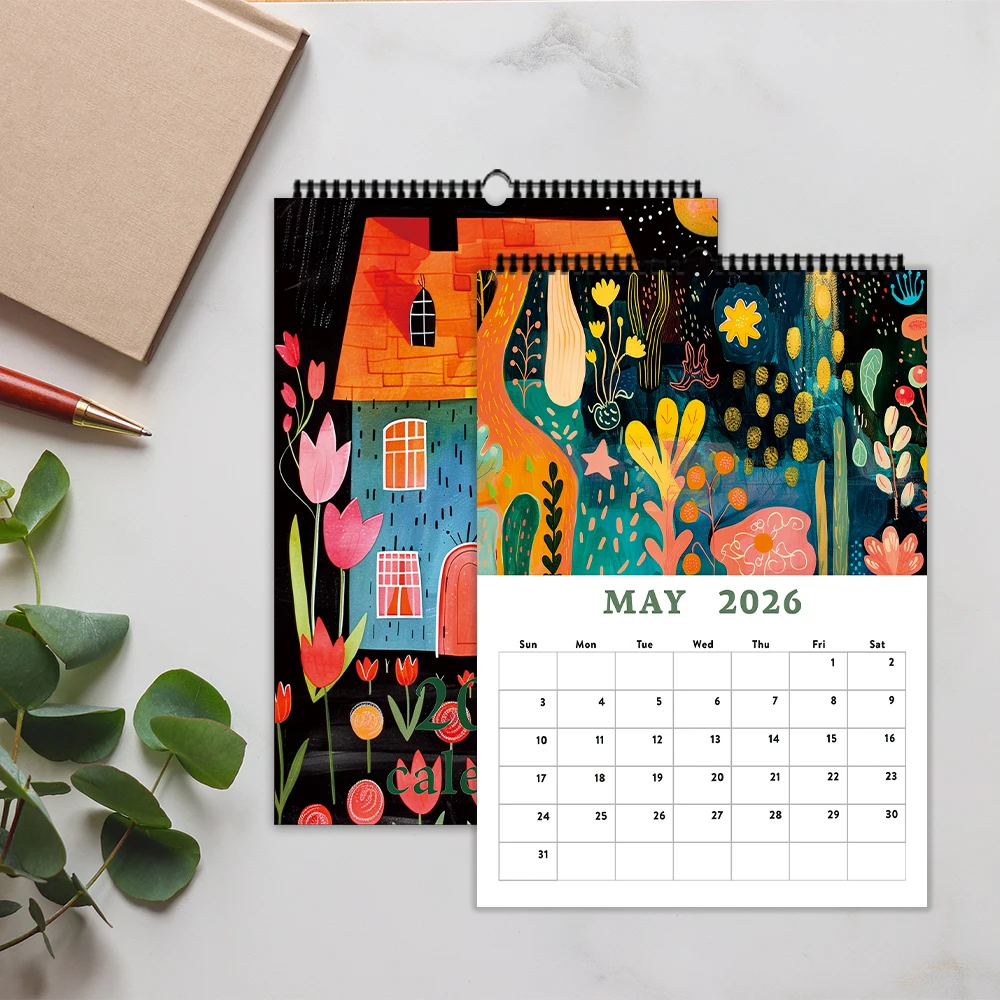 

1 шт. настенный календарь на 2026 год, дизайн растений в народном стиле, красочные цветочные узоры, планировщик на 12 месяцев, идеальный подарок на дни рождения и праздники