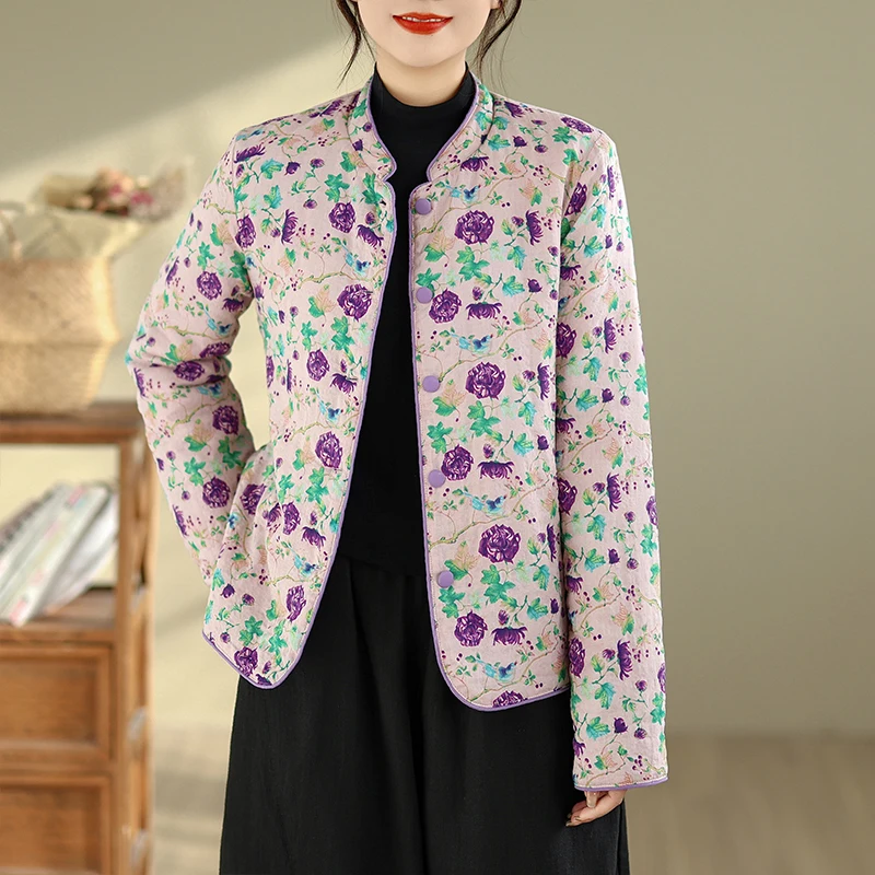 سترة قطنية كبيرة الحجم للنساء بياقة مستديرة وأزرار وبطانة قطنية بنمط عرقي جديد على الطراز الصيني مع نقش زهري #3
